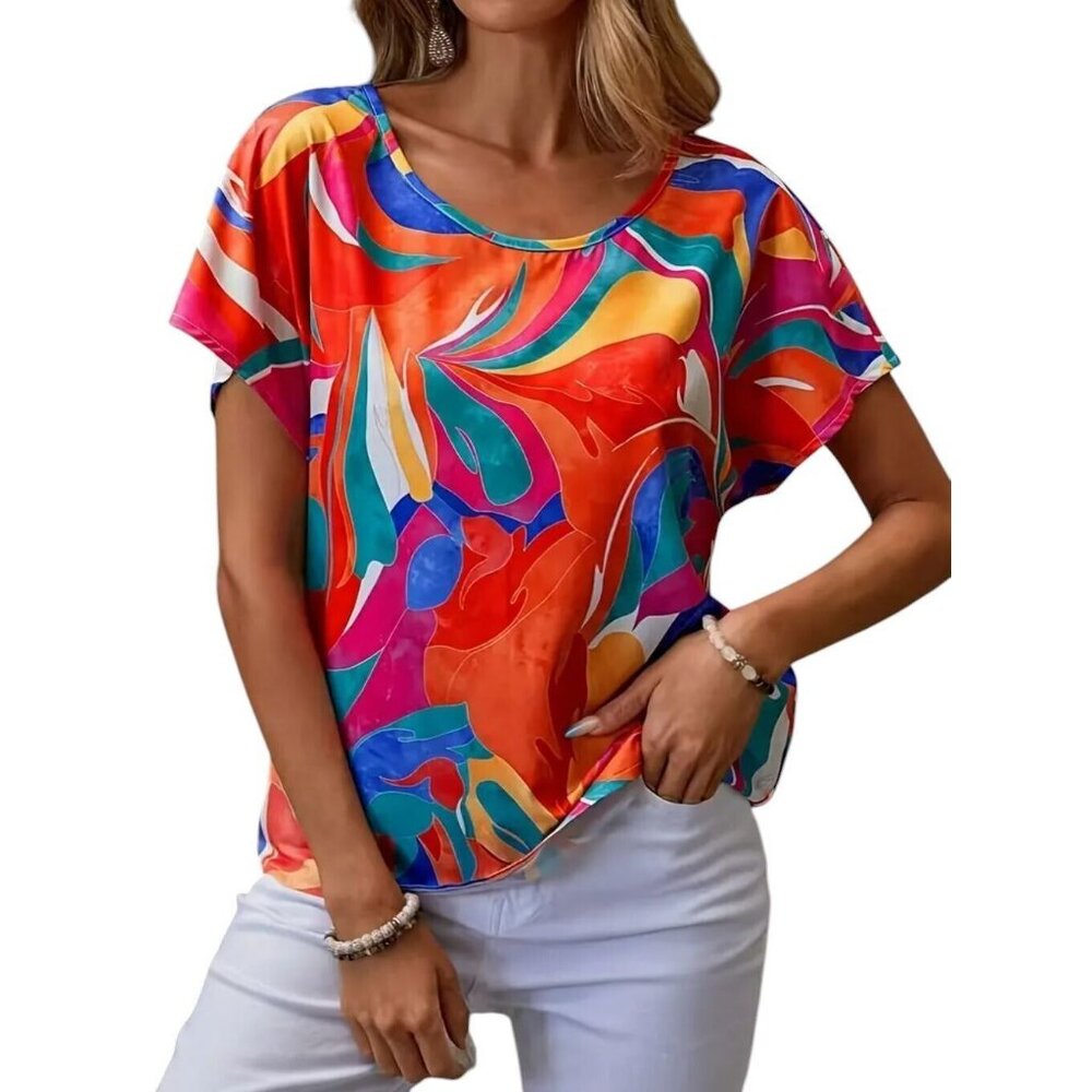 NWT Vibrant Swirls of Bright Colors Short Sleeve Blouse Sizes M, L, XL - Picture 2 of 4